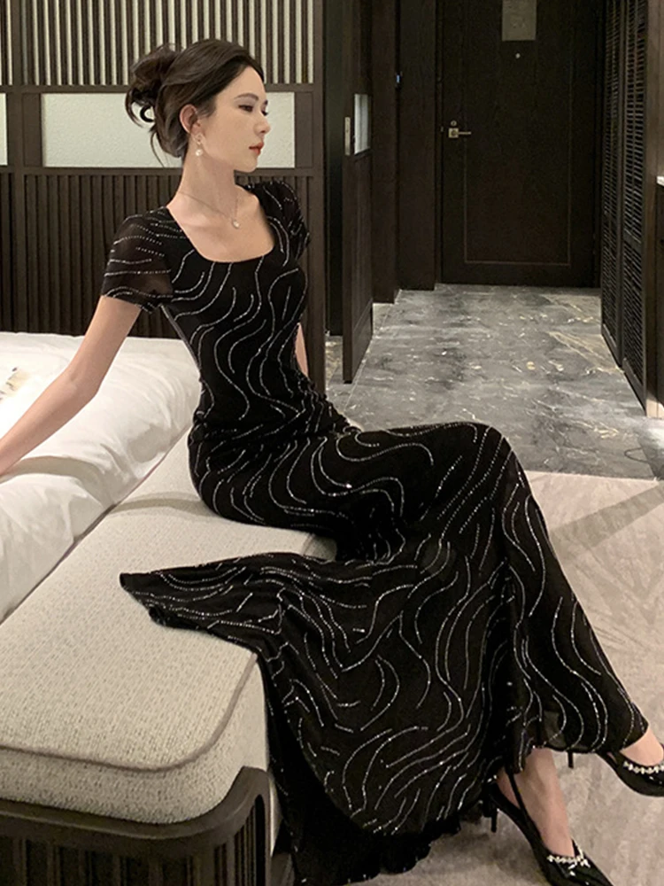 French Style Elegant Party Dress Women Celebrity Fashion Black Bright Rhinestone Long Fishtail Robe Female Evening Prom Vestidos