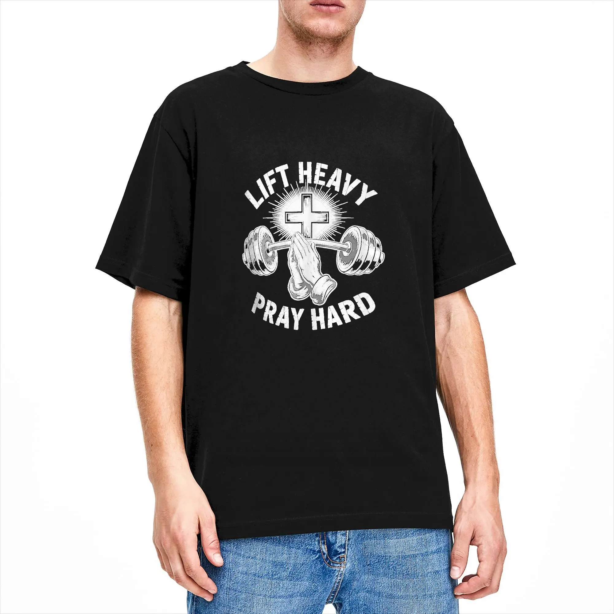 Lift Heavy Pray Hard Gym Religious Weightlifting Workout Cotton T-Shirt For Man Summer T Shirts Trendy Tee Shirt Design Clothing