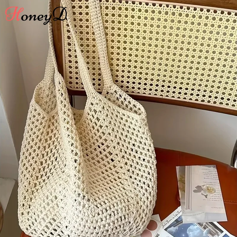 

Women's Casual Large Capacity Woven Bag Open-Top Beach Tote Breathable Durable Woven Shoulder Bag Travel Bag