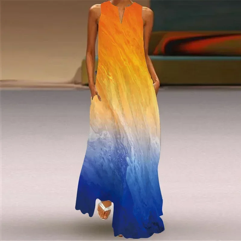 Fashionable Women's Hollow V-Neck Maxi Dress Colorful Striped Gradient Print Sleeveless Loose A-Line Beach V-Neck Long Dress