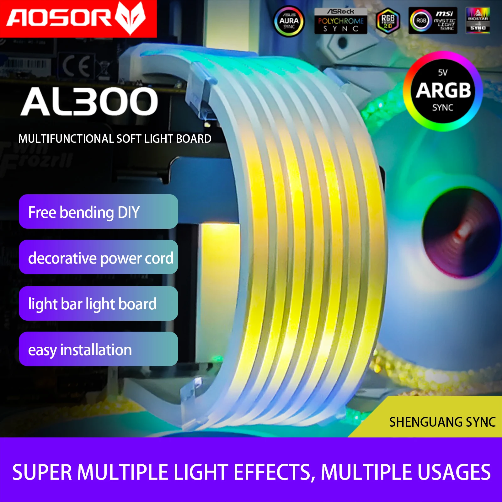 COOLMOON AOSOR Fita de lâmpada PC Backlight Barra de luz flexível 5V ARGB Aura Sync Faixa de lâmpada flexível dobrável DIY para placa gráfica 8P
