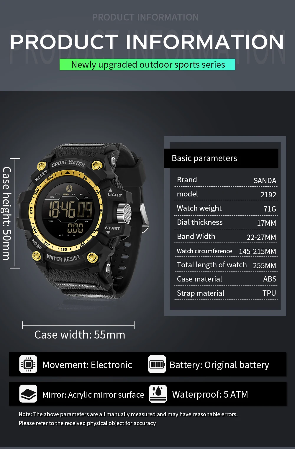 SANDA 2192 ساعة إلكترونية عصرية للرجال عد السعرات الحرارية خطوة ممارسة متعددة الوظائف مقاوم للماء ساعة إلكترونية للرجال