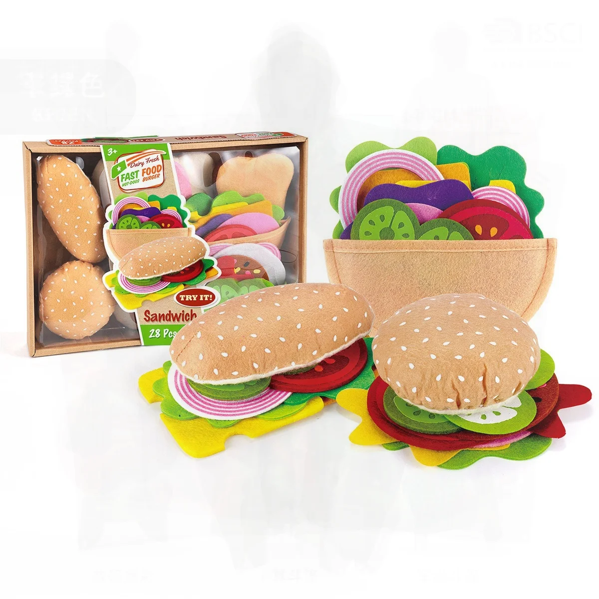 Juego de sándwich de hamburguesa de tela de fieltro DIY, 28 piezas, casa de juegos de cocina de simulación, juguetes para bebés de 0 a 3 años