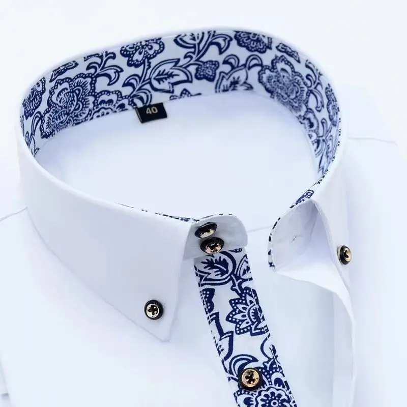 High-end Cotton Men's Long-sleeved Shirts - Retro Blue and White Porcelain Collar Style Business Casual Shirt White Black Blue