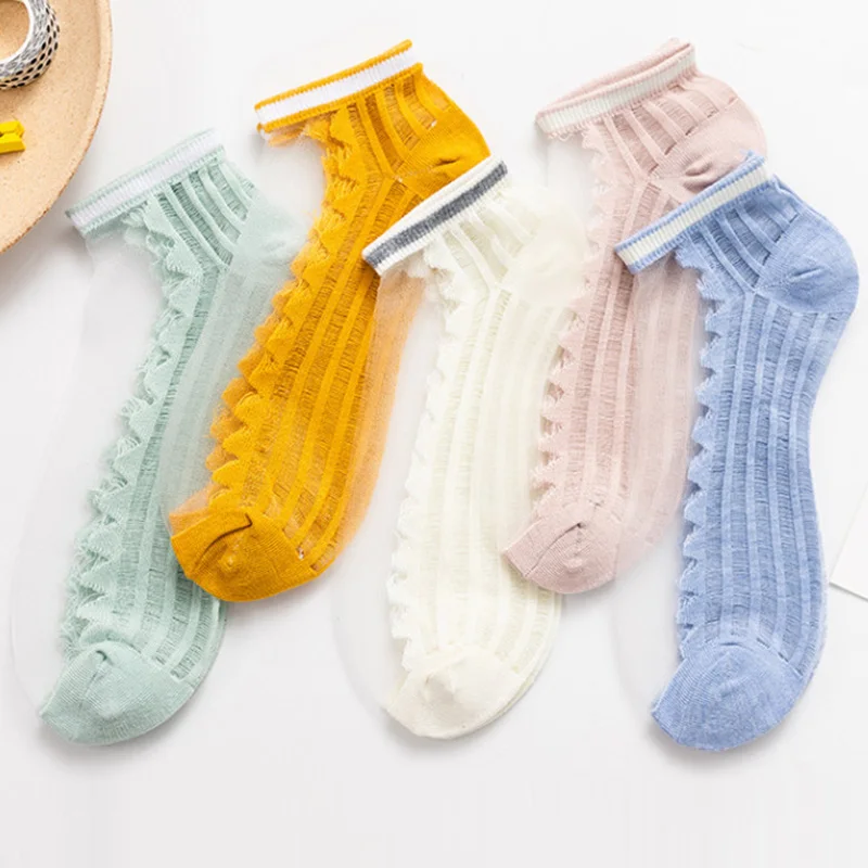 5 Pairs/set Spring Summer New Glass Silk Socks Solid Color Thin Breathable Short Socks Transparent Crystal Silk Women Boat Socks