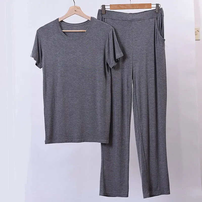 Conjunto de pijamas de manga larga para hombre, ropa de dormir de talla grande 8XL, 160KG, Color sólido, cuello en V, Modal, para el hogar, Top grande y pantalones