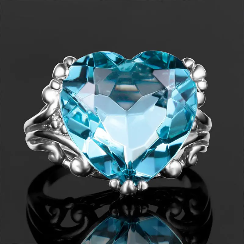 S925 Sterling Silver Ring Hot Sale Creative Topaz Sea Blue Heart Fashion Engagement Jewelry