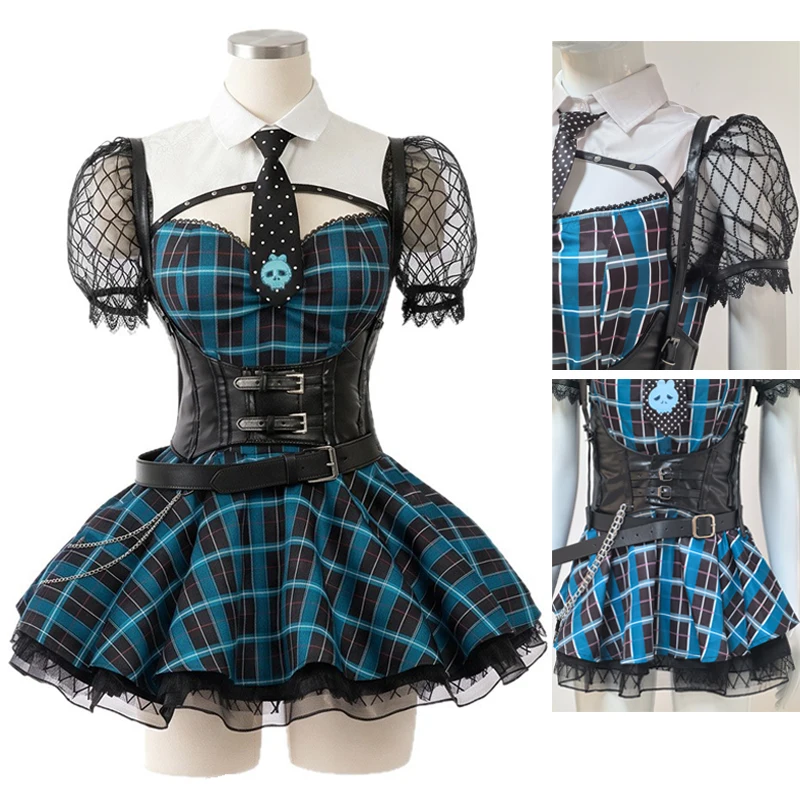 Women's Gothic Plaid Cosplay Costume Blue Black School Uniform Dress with Mesh Sleeves and Belt for Halloween