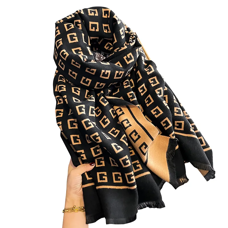 Thick Warm Winter Scarf Design Print Women Cashmere Pashmina Shawl Lady Wrap Tassel Scarves Knitted Men Foulard Blanket