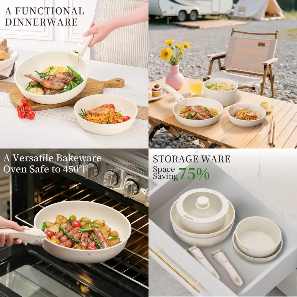 

19-Piece Non-Stick Detachable Handle Cookware Set for RV Kitchen, Stackable Oven-Safe Beige