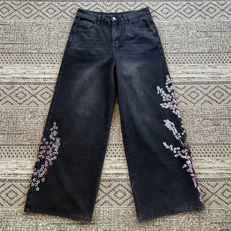 Y2K Vintage Baggy Fallen Knight Cherry Blossom Embroidery Jeans Men Women Fashion Straight Wide-leg Denim Pants Streetwear Jean
