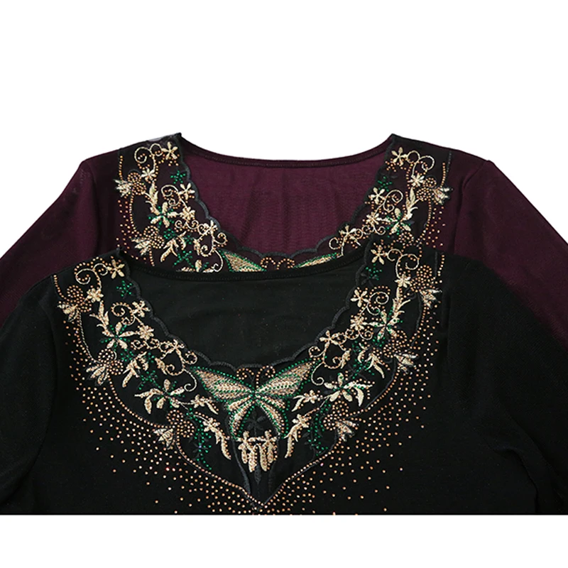 MadBlack-Women's European T-Shirt, Sexy V Neck Embroidery Diamond, Streetwear Long Sleeve Slim S-3XL Tee, 2025 Autumn T59634CC