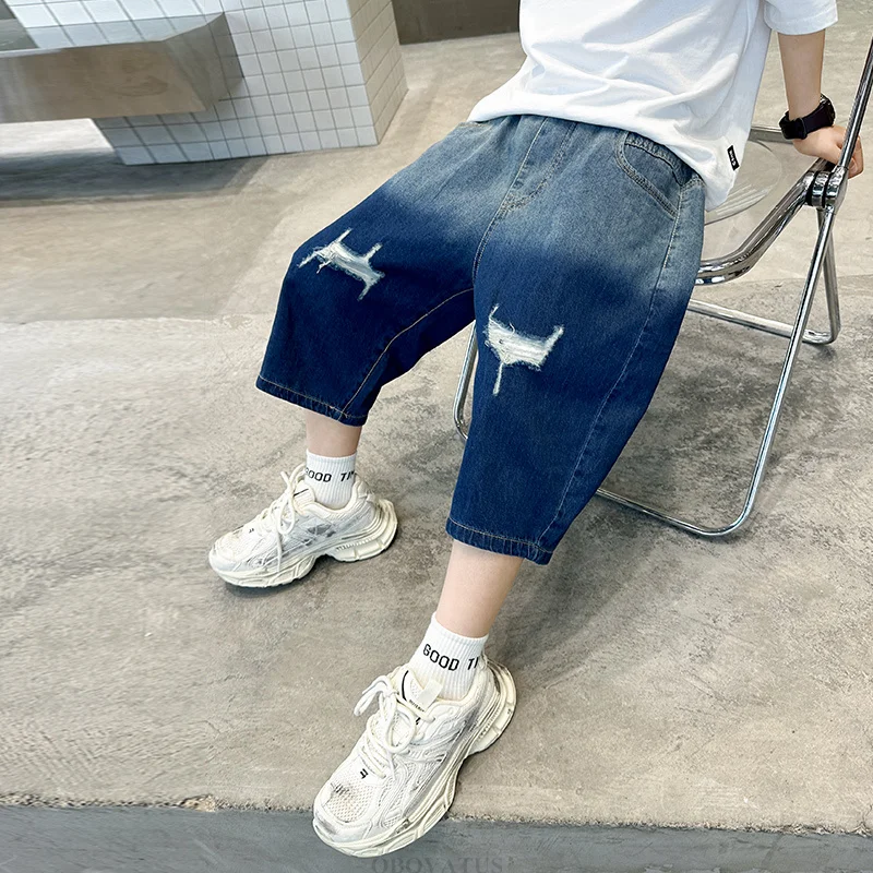 Teenager Boy Gradient Color Denim Shorts Kids New Summer Ripped Jeans Shorts High Quality Child Denim Capris Pants 5 To 14 Years