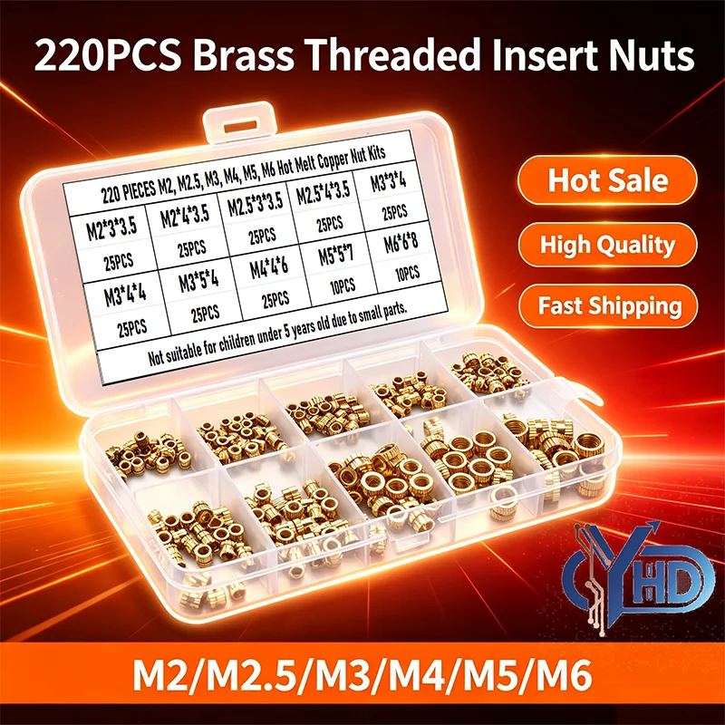 220PCS M2 M2.5 M3 M4 M5 M6 Brass Heat Insert Nut Hot Melt Nutinsert Thread Knurled Double Twill Embedment Nuts with Box