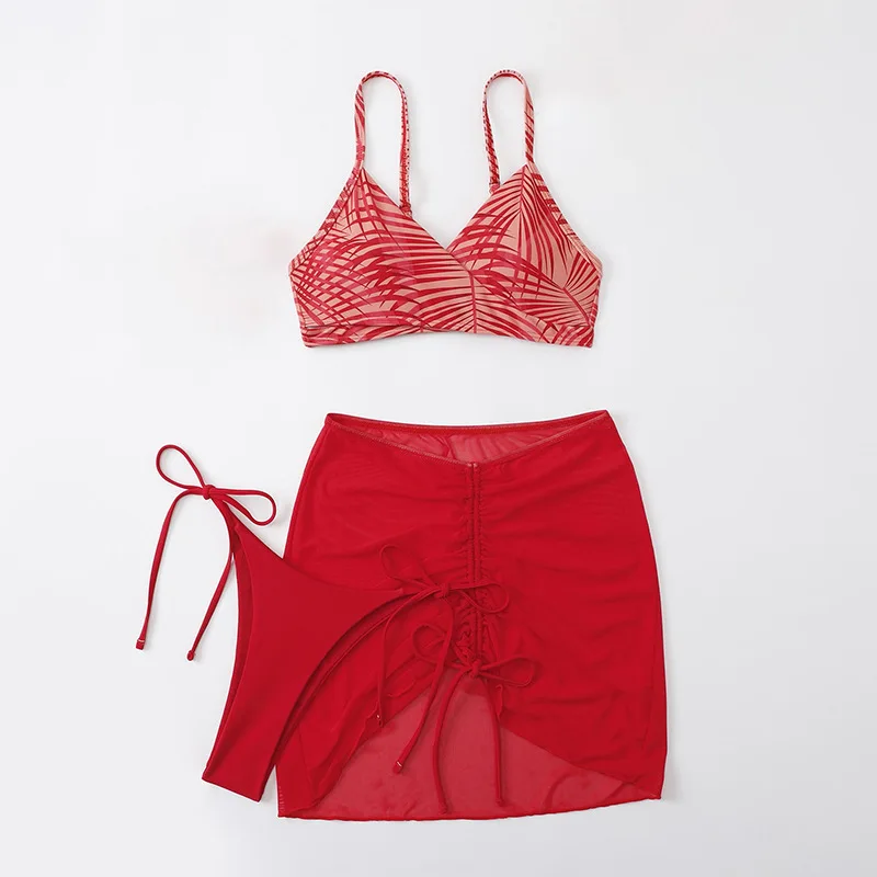 3-Piece Swimsuit Set Bathing Suit Women Swimwear  Bikini Set Woman Swimsuits Sexy Lace Up Swimsuits Printed Vest