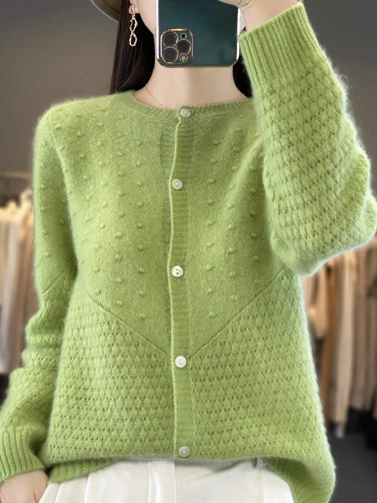 

2024 Pure Merino Wool Sweater Autumn Winter Women Hollow Out O-Neck Knitted Cardigan Casual Knot Cashmere Clothing Tops