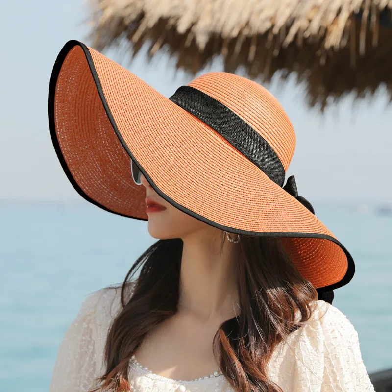 INS Handmade Weave Bow Sun Hats for Women 2023 Black Ribbon Large Brim Straw Hat Outdoor Beach Summer Caps Gorras Hombre