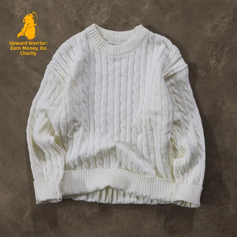 Thickened Men's Knitted Sweater Autumn Winter Season Japanese Retro Style Base Layer Coarse Twisted Knitwear for Youth