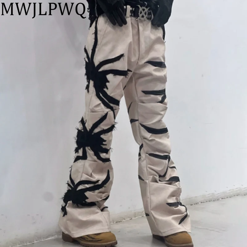 

MWJLPWQ Spliced Leather PU Trousers Male High Street Y2K Retro 2025 New Pleated Niche Design Couple Loose Straight Pants 010844