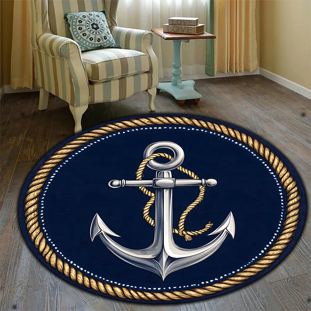 Navy Blue Anchor & Rope Pattern Round Mat, Soft Washable Non-Slip Rug for Living Room, Bedroom, Kitchen, Balcony & Outdoor Decor