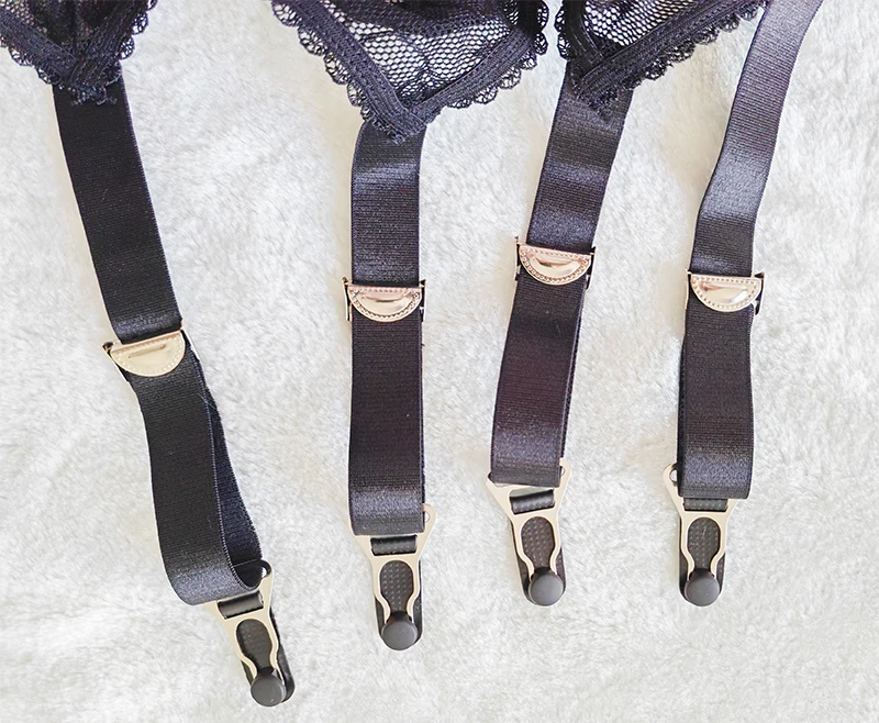 Elegante lencería de encaje negro completo con bordado liso hueco, tirantes anchos ajustables, clips metálicos para liguero, ...