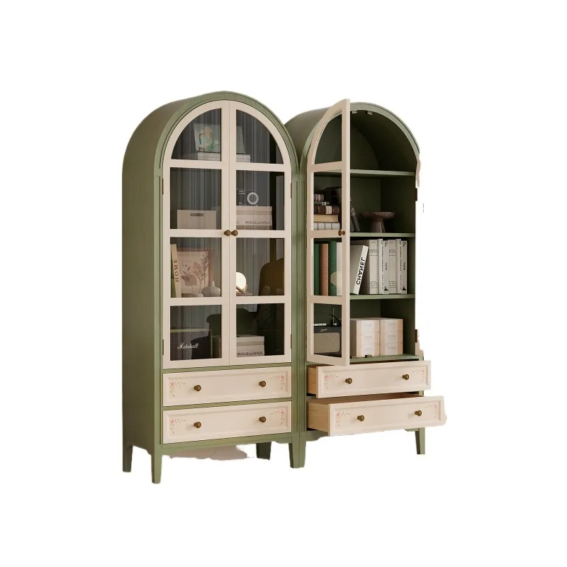 

American solid wood bookcase, retro painted dust-proof glass door arched high cabinet combination floor-to-ceiling household