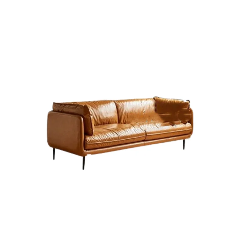 

Vintage genuine leather sofa, living room top layer cowhide, simple modern straight down sofa
