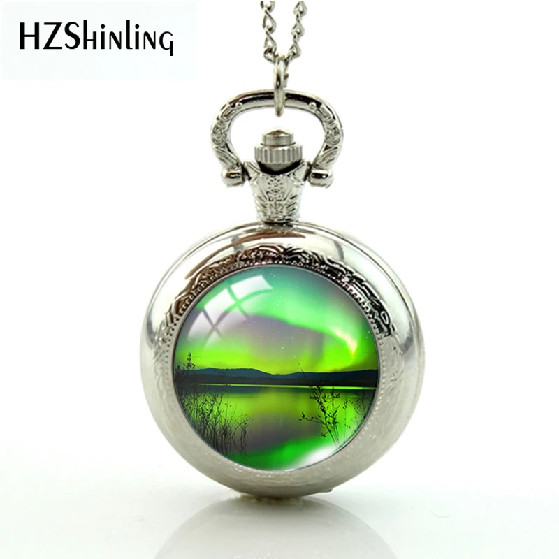 Northern light Vintage Bronze Color Pocket Watch Round Glass Cabochon Handcraft Necklace for Women Men