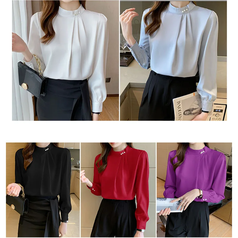 Korean Version Autumn New Women Blouse Long Sleeve Stand Collar Pearl Chiffon Grace Fashion Blouse Shirt Women Tops Blusas D13