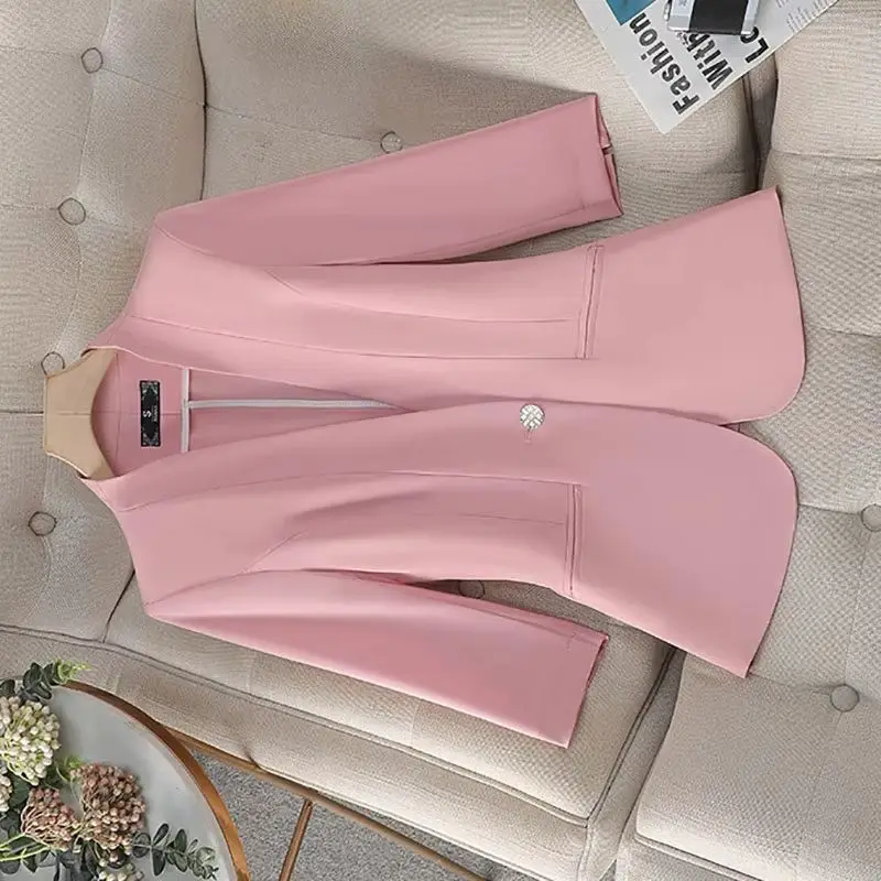 

Spring Summer Women Blazers Solid Collarless Single Button Seven Quarter Sleeve Suit Jacket Ladies Professional Office Suit Coat