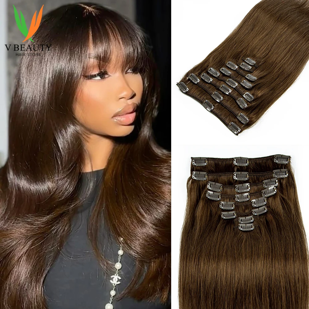 

Наращивание волос на клипсе Темно-коричневые прямые человеческие волосы на всю голову 8 шт. 20 дюймов Наращивание человеческих волос на клипсах для женщин и девочек