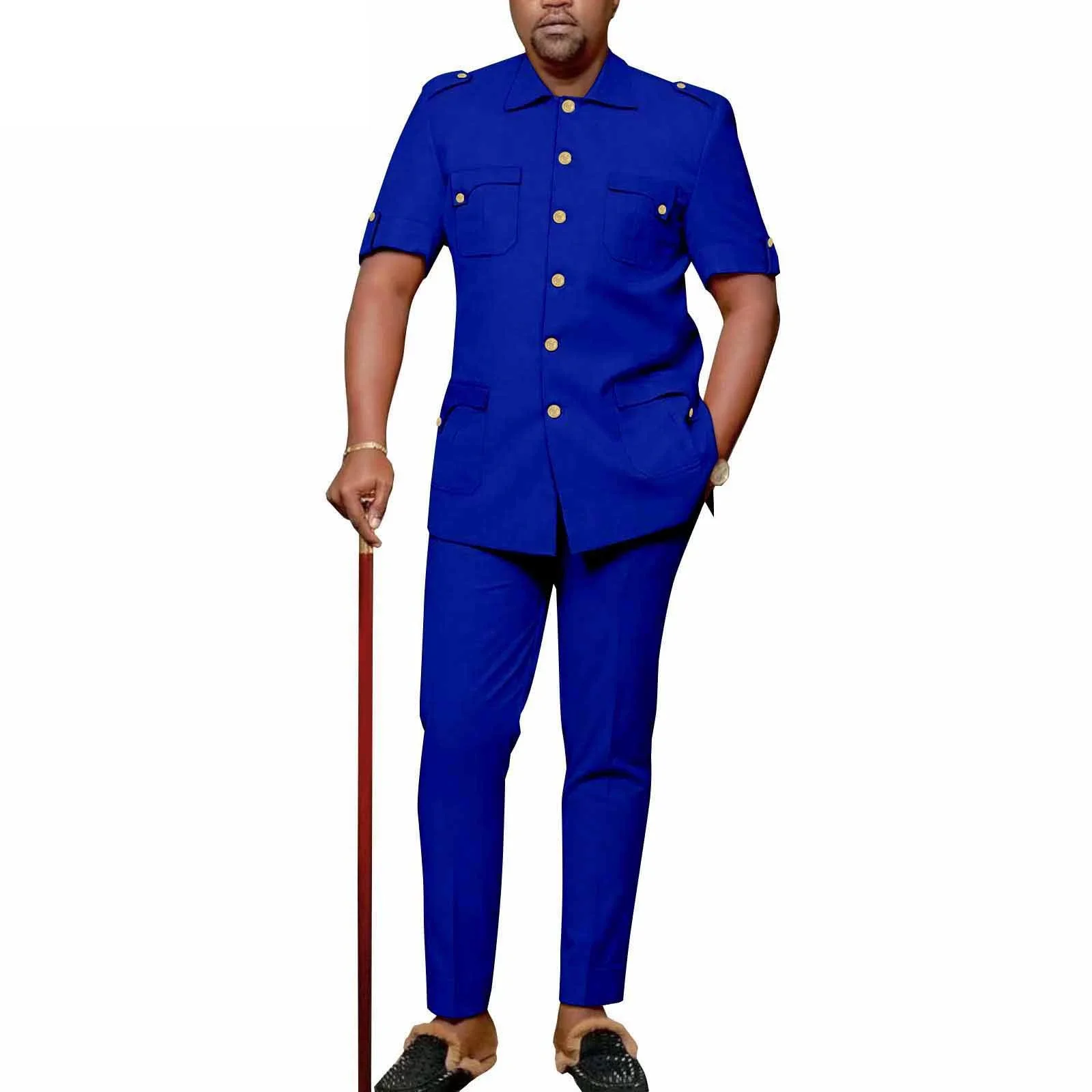 

African Men's Casual Wedding Wear Suit Outfits Short Sleeves Single Breasted Shirt And Full Length Pants 2 Pieces Set