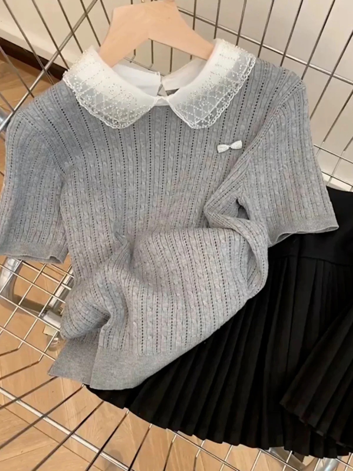 

Lace Splice ort Sve Knitted Sweater Women's Summer Knot Top Slim Fit Korean Sle Commute Faion Regular Length