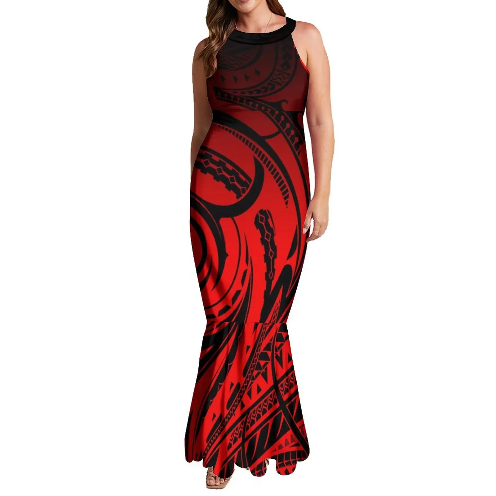 Elegante vestido de sereia polinésia feminino, sem mangas Halter Maxi, vestido de noite Fishtail, plus size, 7XL, venda quente