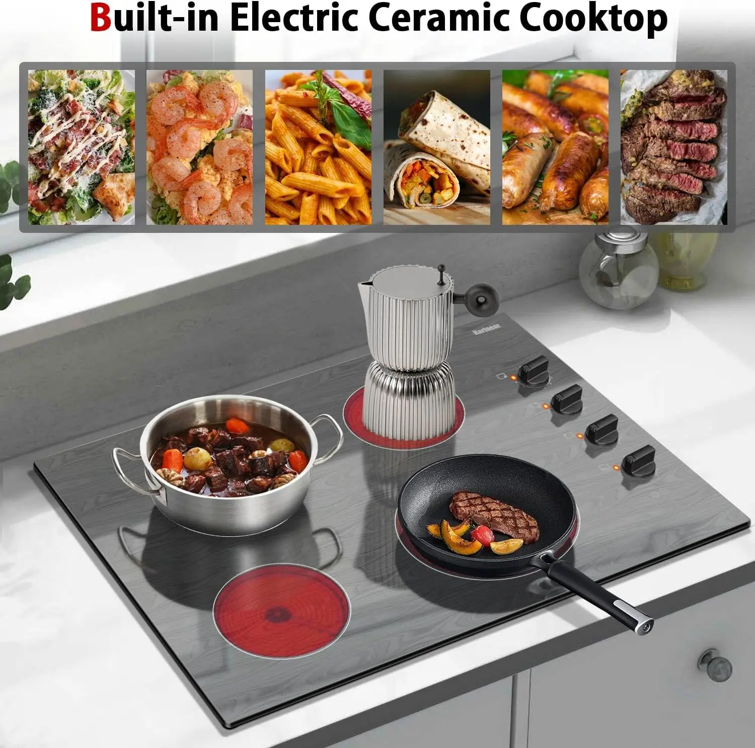 Karinear 4 Burners Ceramic Electric Cooktop, Knob Control, Beautiful Wooden Pannel, 30