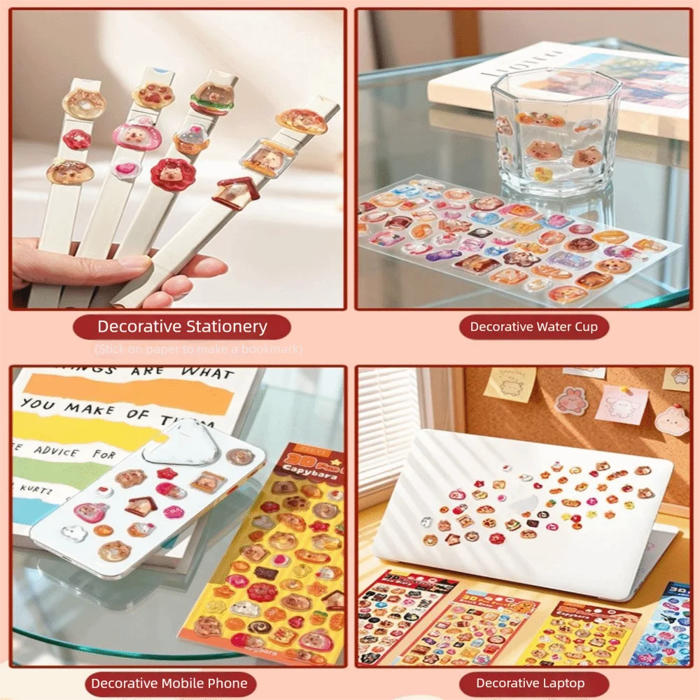 Capybara/Cat 3D Embossed Glass Sticker DIY Waterproof Glass Decals Mobile Phone Decoration Sticker