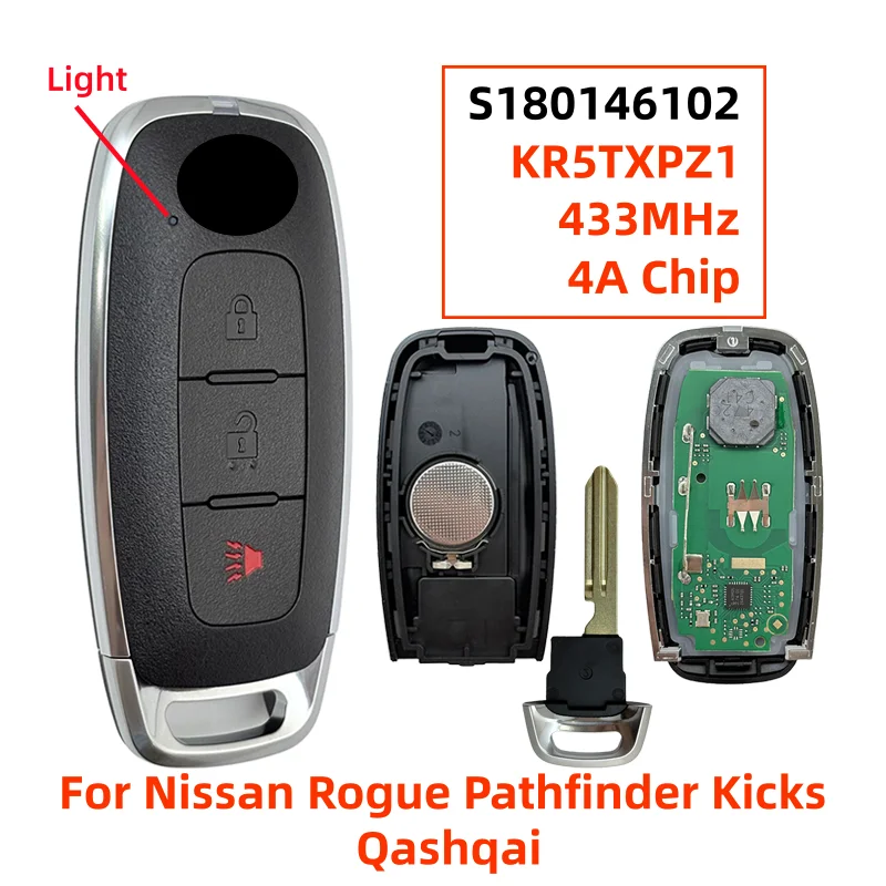 S180146102 KR5TXPZ1 For Nissan Rogue Pathfinder Kicks Qashqai Ariya 2023 285E3‑5MR1B 433MHz 4A Chip 2+1 Buttons Smart Key Fob