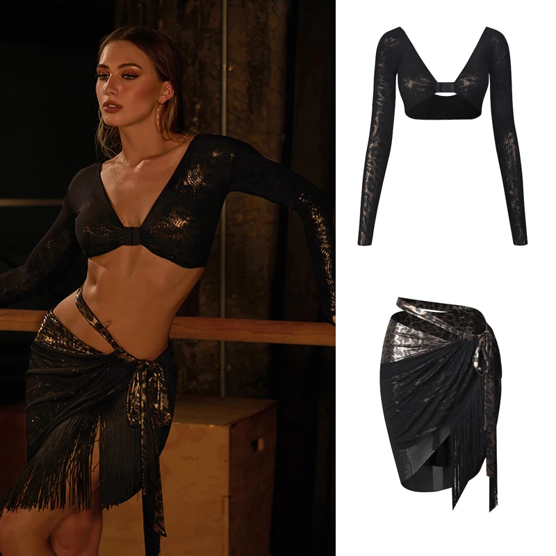 

ZYM Одежда для латинских танцев для взрослых, женские профессиональные костюмы для латинских танцев, яркий топ для латинских танцев, нерегулярная юбка с бахромой, SL14337