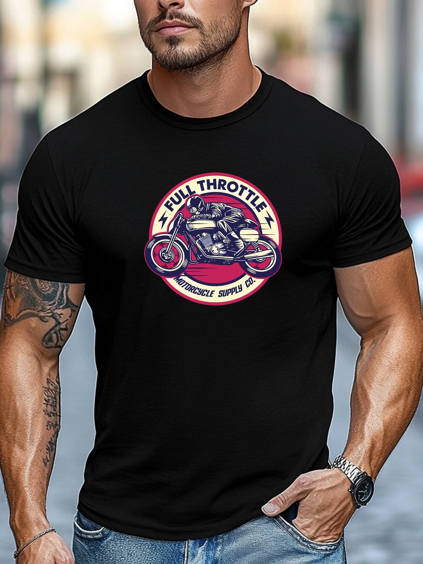 Fashion Mens White Basic Tee Classic Retro Motorcycle Full Throttle Circular Logo Art Print Light Round Neck Rider Street Dail