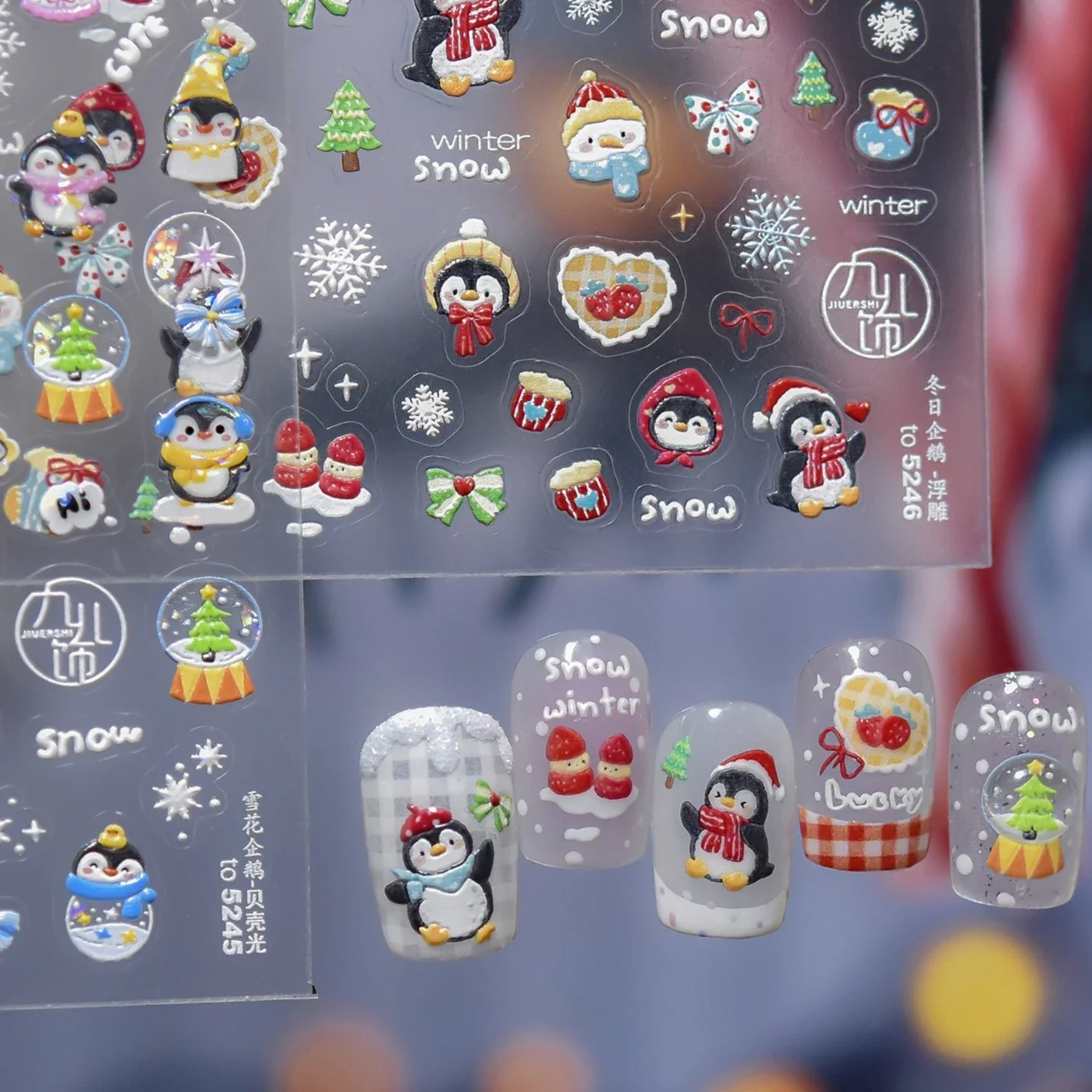 Lindo pingüino copo de nieve Bowknot bola de cristal sombrero rojo estrella pino calcetines fresa invierno nieve corazón Nail Art pegatina manicura calcomanía