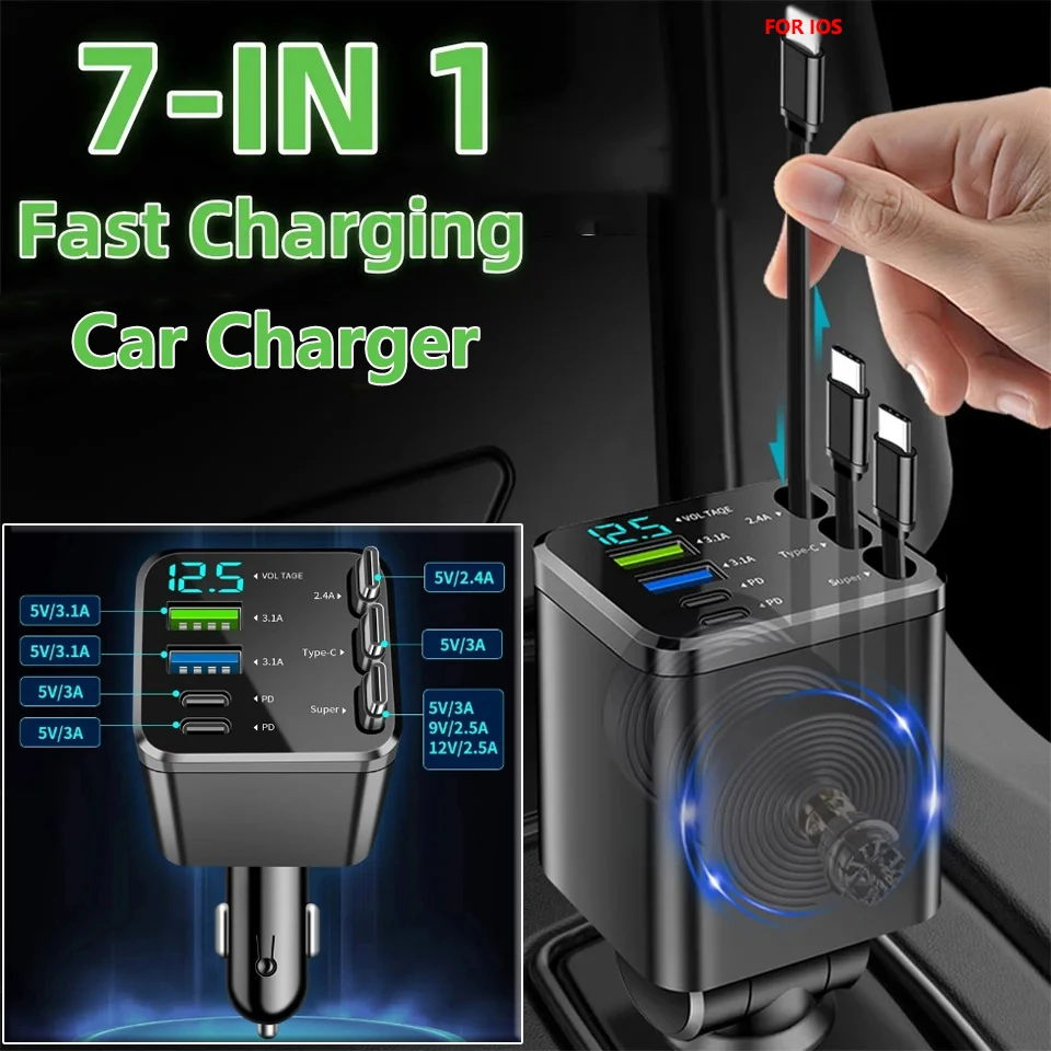 

Car Usb Charger 7 In 1 Retractable 3 Type C Port Car Charger Fast Charging for Iphone 12 15 16 Samsung Usb C To Ios Cable