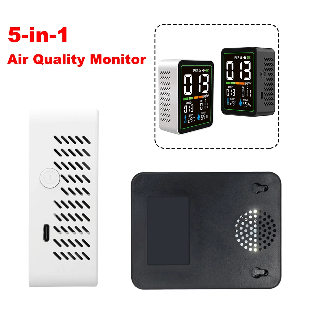 

5-in-1 Laser Dust Air Quality Detector PM2.5 PM1.0 PM10 Temperature Humidity Monitor Type-C Rechargeable for Home Office