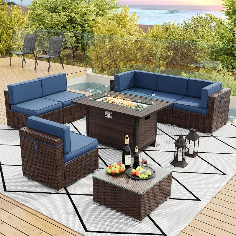 

8 Pieces Outdoor Patio Furniture Set with Gas Fire Pit Table, PE Wicker Patio Sectional Furniture, 44" Fire Pit Conversation Set