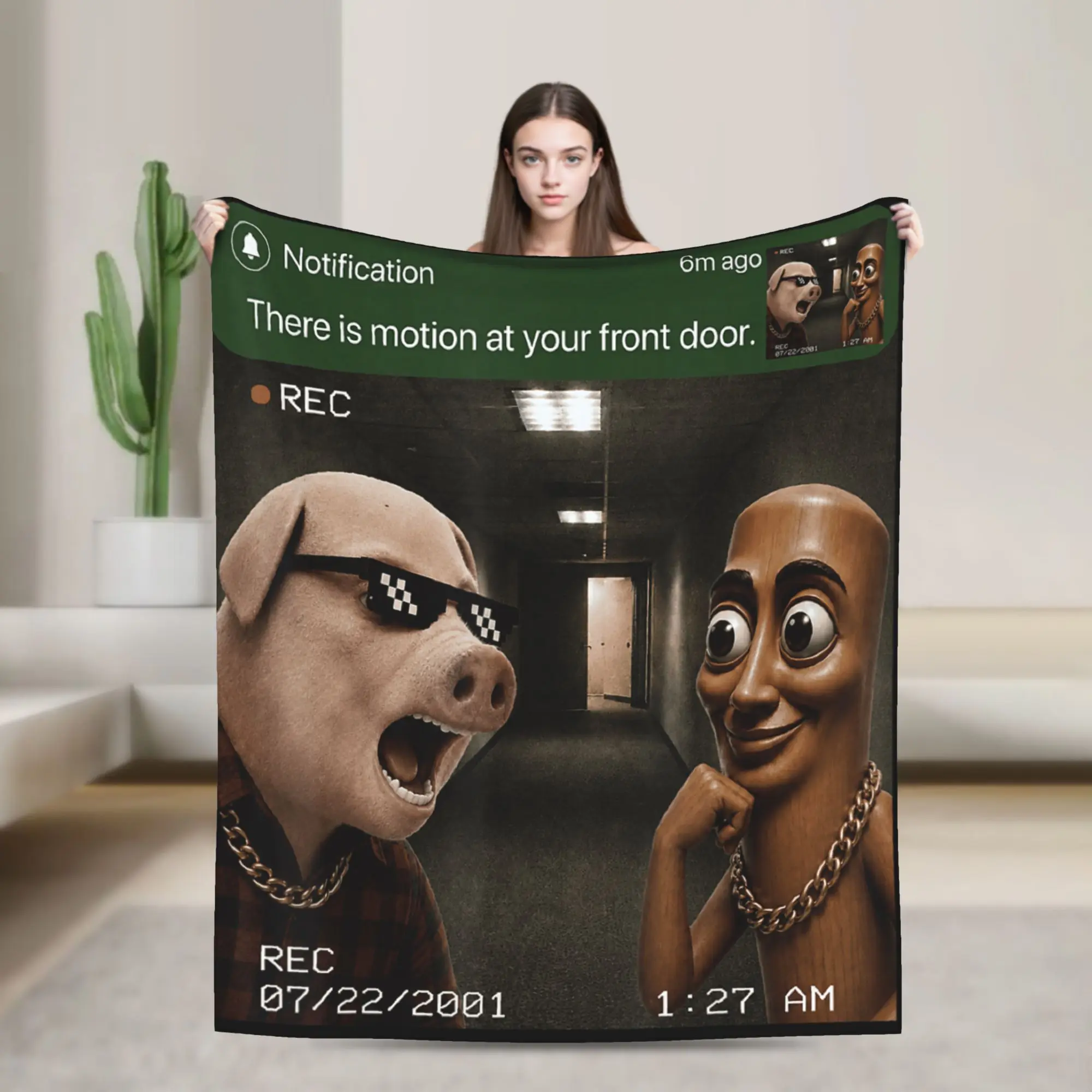 Tung Tung Sahur John Pork Motion at Your Front Door Meme Blanket Soft Comfy Throw Blanket Autumn Girl Couch Bed Travel Bedspread
