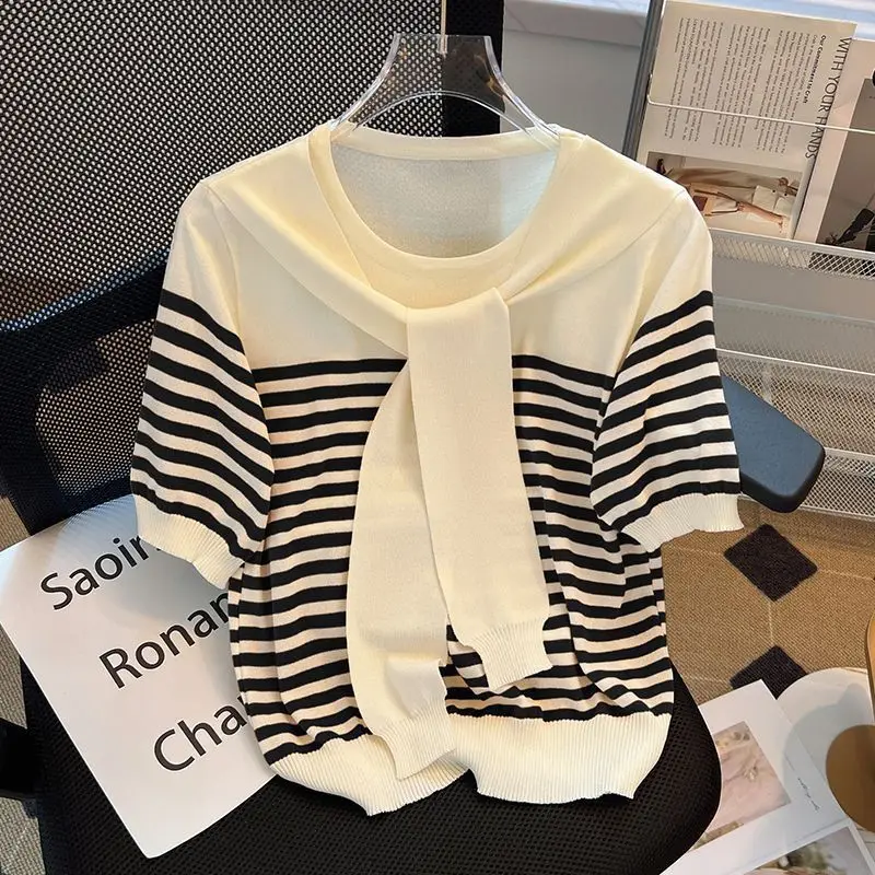 

Летние топы из двух предметов для женщин, футболки с круглым воротником и короткими рукавами, шикарный модный повседневный вязаный пуловер в полоску Y2k Z875