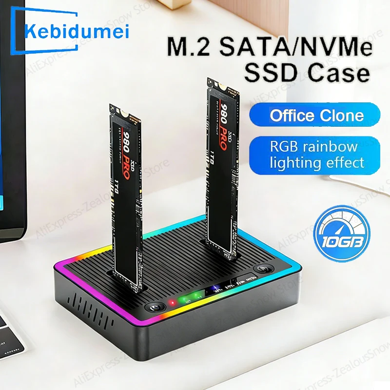 

Док-станция для клонирования SSD M.2 NVME/SATA с двумя отсеками, дубликатор жестких дисков M.2 SSD, USB GEN2 SSD RGB адаптер-корпус для клонирования без подключения к сети