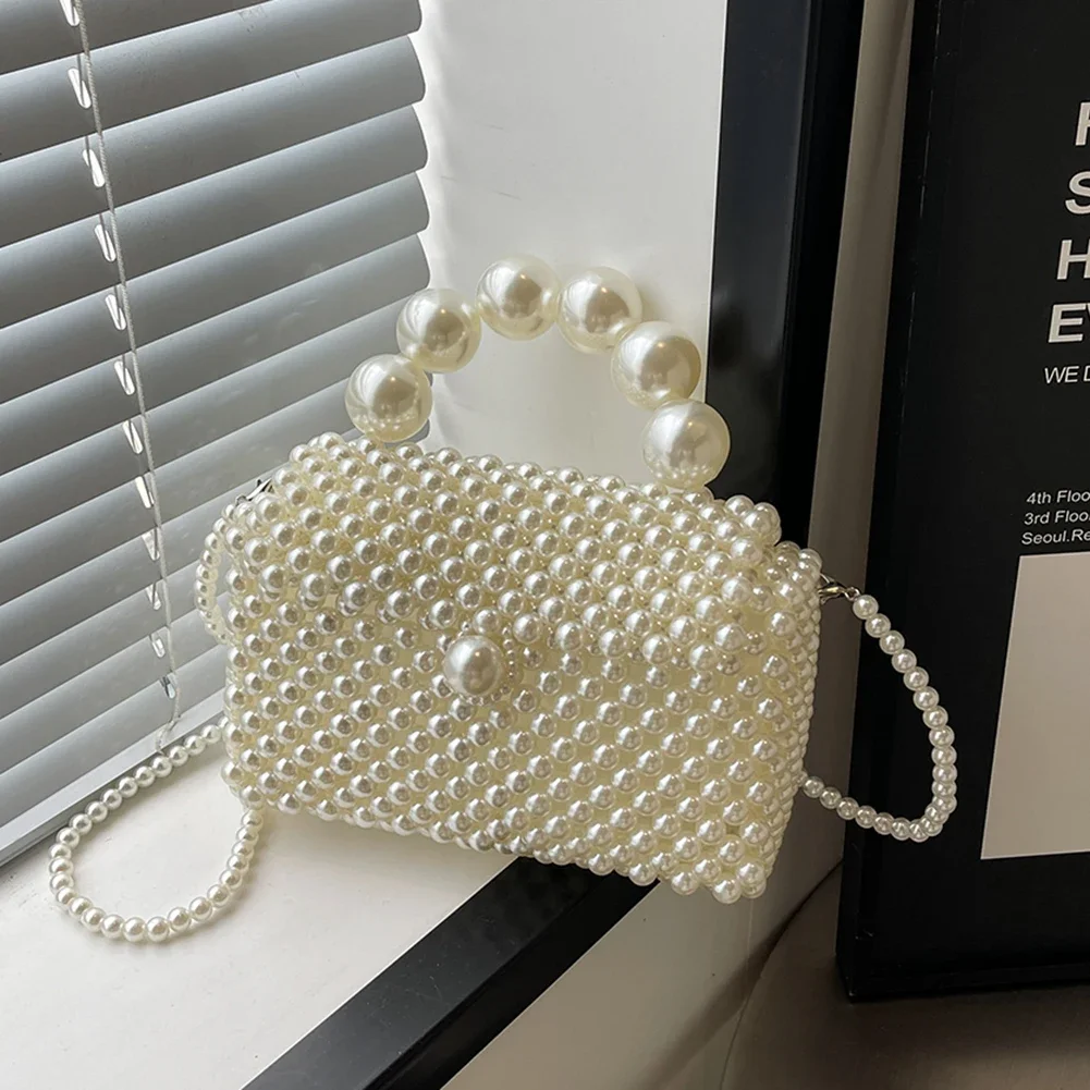 Pearl Evening Bag Handmade Woven Women Shoulder Bag Solid Handbag Clutch Purse Wedding Party Dinner Bag