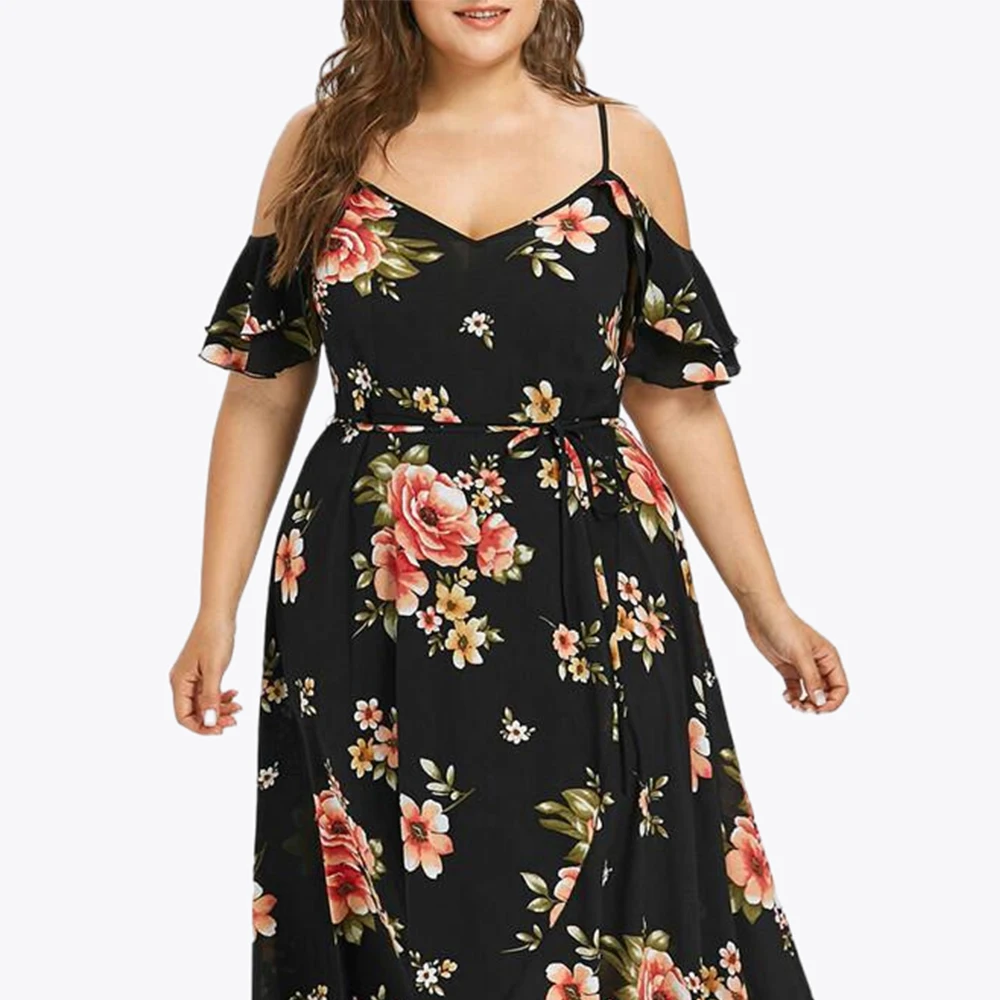 Plus Size 2024 New Dress Womens Sexy Floral Printed Cold Shoulder Midi Dress Ladies Loose Summer Holiday Vacation Party Sundress