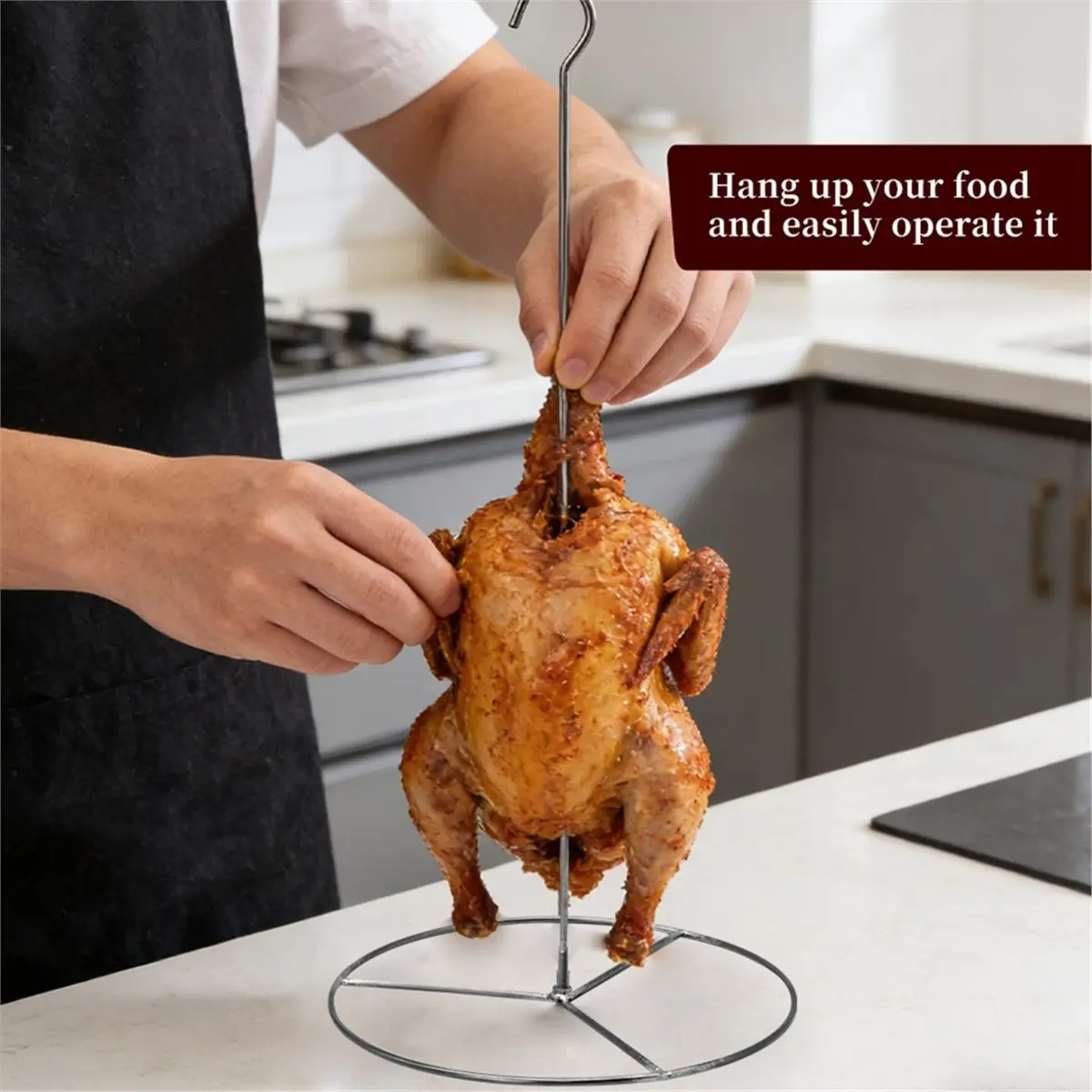 Turkey Fryer Rack Kit with Lifter Hook Stainless Steel Vertical Chicken Skewer for Thanksgiving Day and More