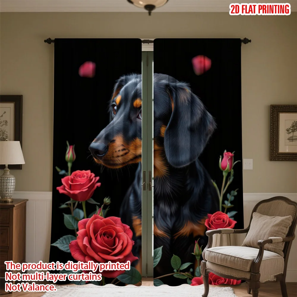 

2D flat printing 2pcs Curtain Valentine's Dog with Roses Digital Printed Polyester Drapes All Season Party & Holiday Decor